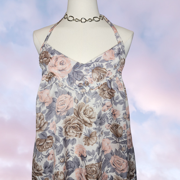 Urban Renewal Floral Pastel Pink Brown Cute Vintage Boho Chic Halter Dress S M - Picture 2 of 5